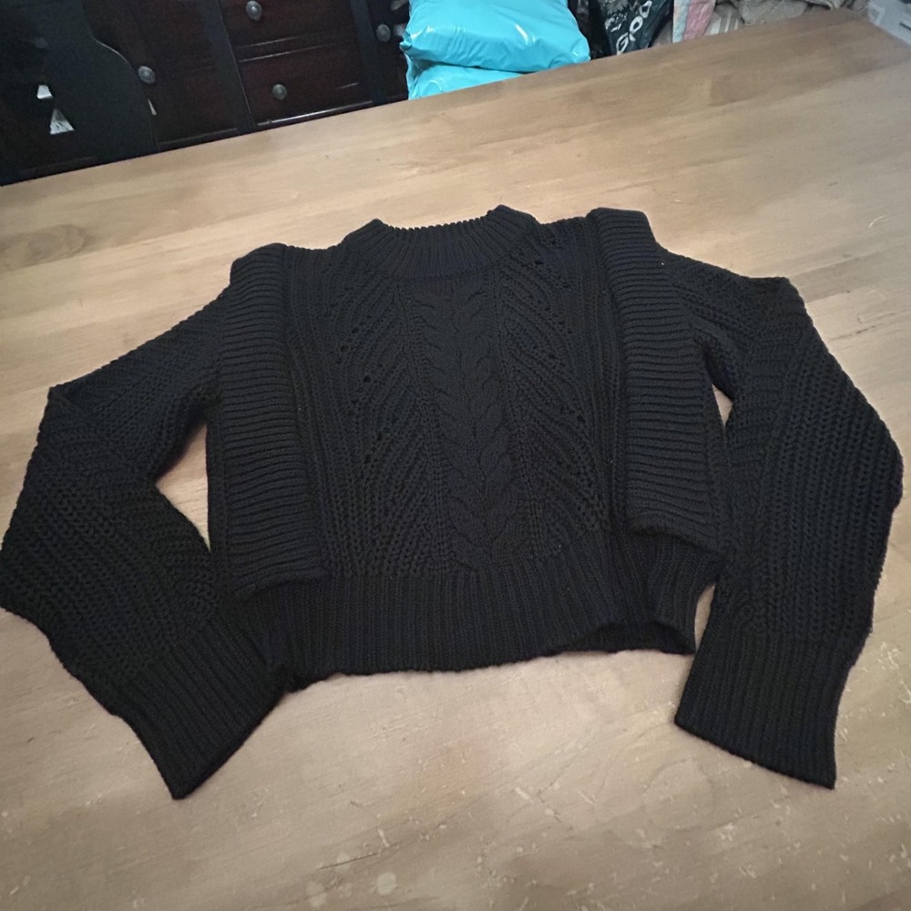English Factory Sweater Womens Medium‎ Black Cable Knit Chunky Mock Neck Cropped